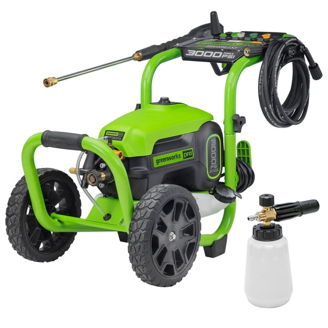 Hidrolavadora Greenworks de 3000 PSI (2.0 GPM máx.) con cañón de espuma: elimine fácilmente la suciedad y la mugre de revestimientos, cercas, patios,