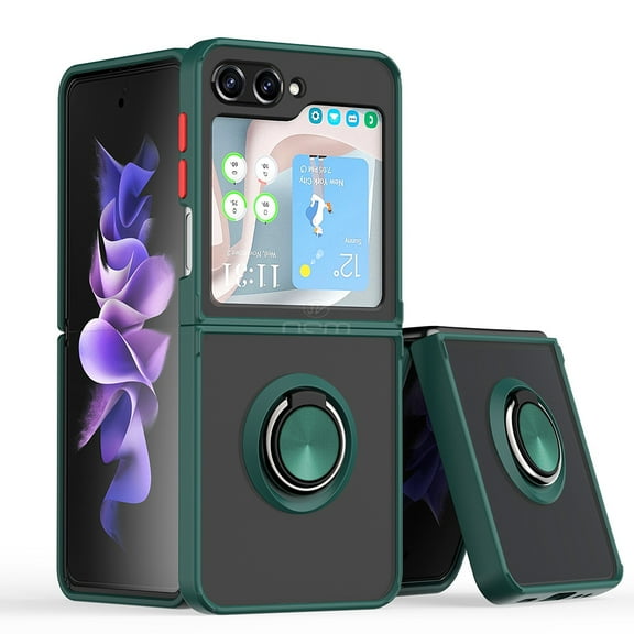 For Samsung Galaxy Z Flip 5 Impact Metal Ring Holder Stand Magnetic Car Mount Protective Hybrid Case Cover Green