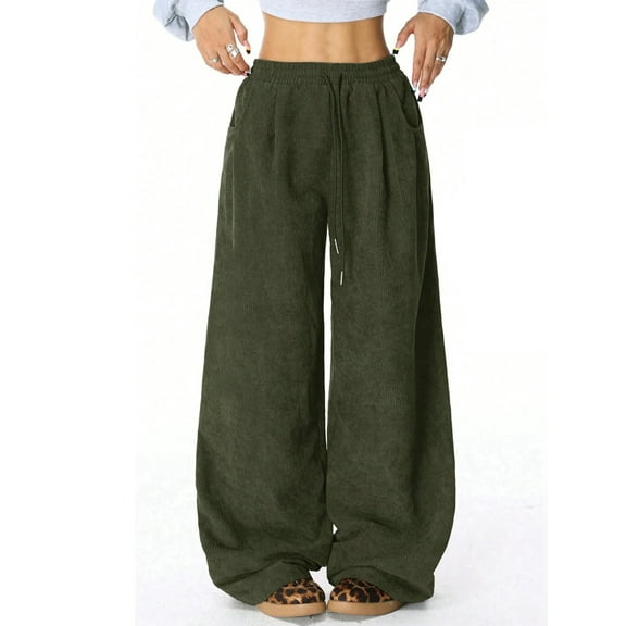 Women'S Wide Leg Pants Corduroy High Waist Palazzo Pants Comfy Baggy Trousers Army Green S