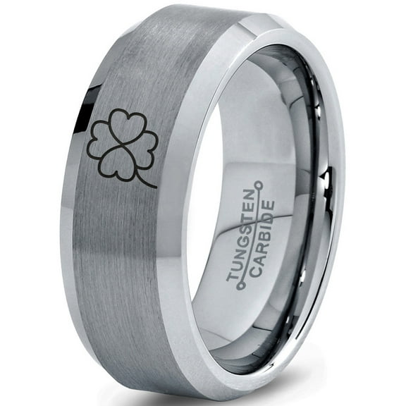 Tungsten Four Leaf Heart Clover Band Ring 8mm Men Women Comfort Fit Gray Step Bevel Edge Brushed Polished