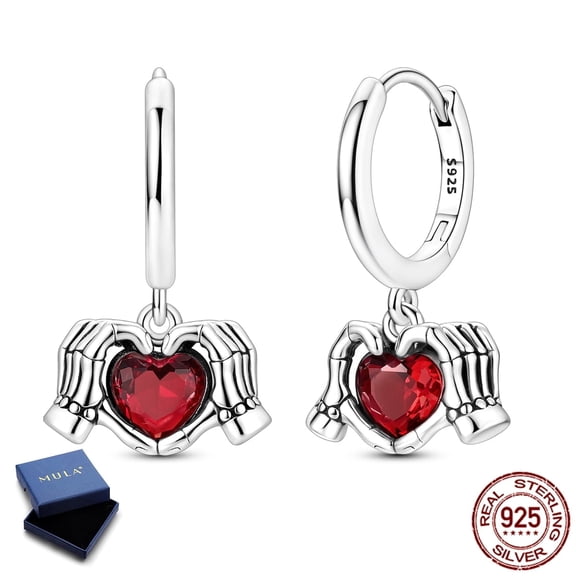 MULA 925 Sterling Silver Gothic Skeleton Hand Heart Hoop Earrings, Red AAA CZ Women's Jewelry Gift for Her