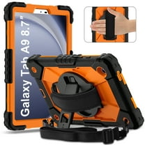 ELEHOLD Rugged Hybrid Case For Samsung Galaxy Tab A9, with Built-in Kickstand 360° Rotating Handstrap Crossbody Shoulder Strap Shockproof Heavy Duty Case, Black Orange