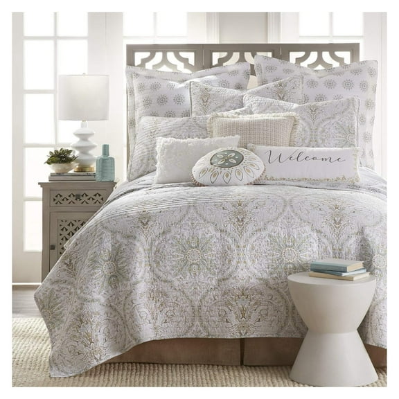 Villa Lugano Cosima Quilt Set - Full/Queen Quilt (88x92)   Two Standard Pillow Shams (20x26) - Medallion - Taupe, Green, Yellow and White - Reversible - Cotton Fabric