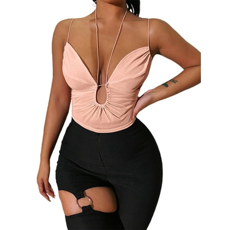 

Lesimsam Women s Halter Crop Cami Tops Sleeveless Strappy Back Solid Color Tight Camisole