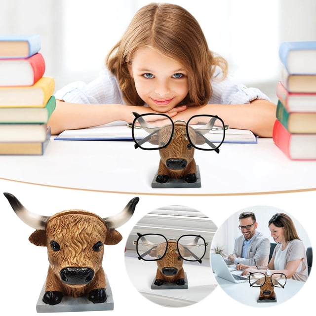 Wmhnj Figura de vaca de resina con soporte para gafas, organizador de escritorio, estatua de animal funcional, soporte de escritorio para gafas de lectura y objetos pequeños.