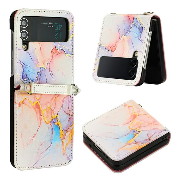 SaniMore Case for Samsung Galaxy Z Flip 4 6.7" 2022, PU Leather Case Luxury Marble Wireless Charigng Hand Rope Fashion Folding Case for Girls Women For Samsung Z Flip 4, Galaxy