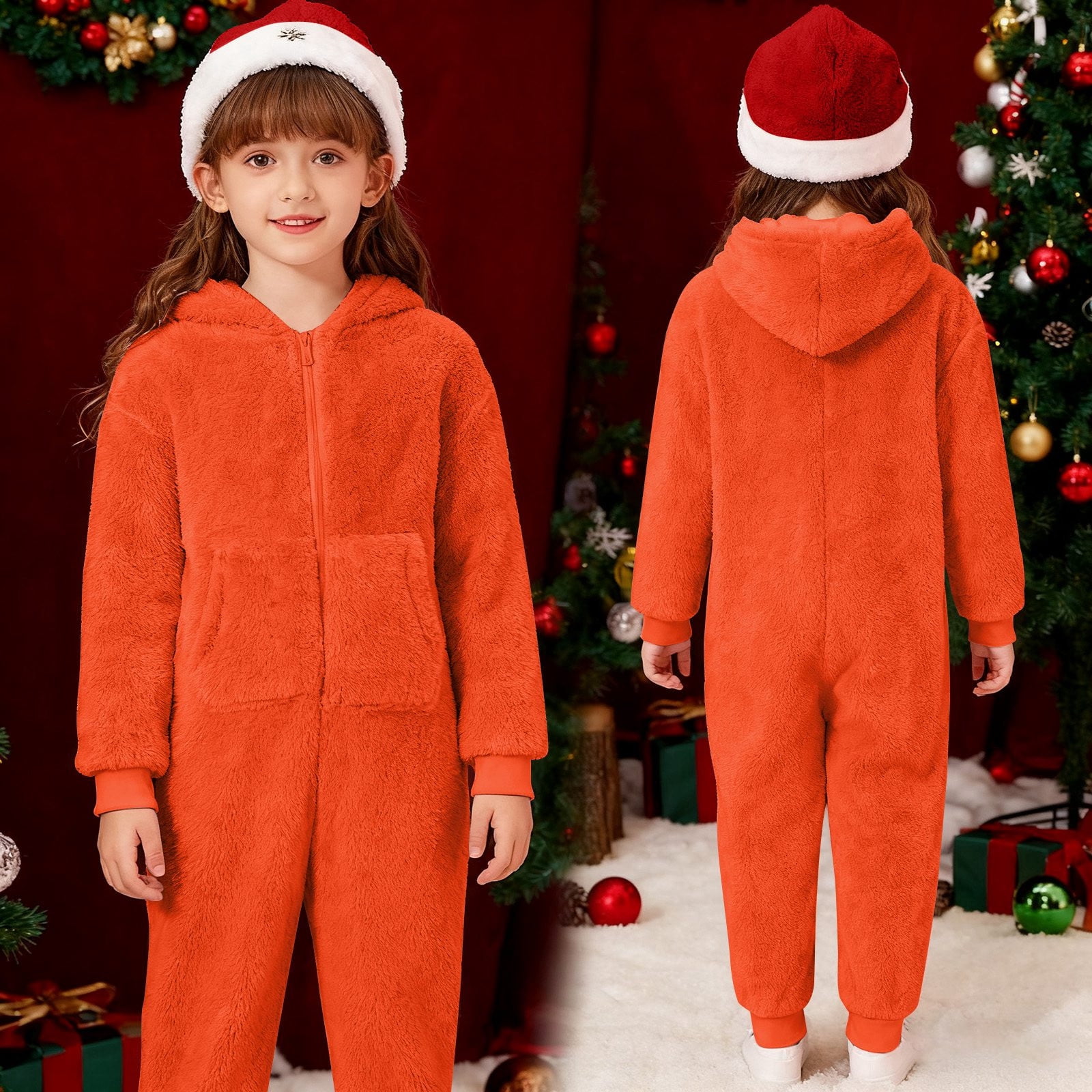 Tiweut Kids Onesie Pajamas Jumpsuit Boys Girls Warm Sherpa Lined Romper Zipper Hooded Cute Playsuit Sleepwear,Orange,6Y