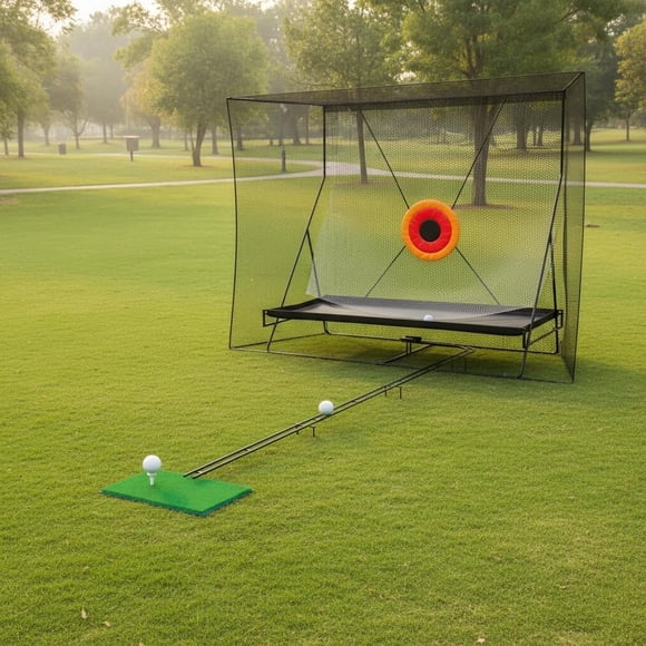 Golf Practice Net - 10x8ft Indoor/Outdoor Hitting Net (Green) - 11ft Ball Return System with Aim & Ball Blanket - Real Ball Compatible for Driving & Chipping Practice