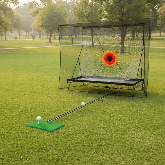 Golf Practice Net - 10x8ft Indoor/Outdoor Hitting Net (Green) - 11ft Ball Return System with Aim & Ball Blanket - Real Ball Compatible for Driving & Chipping Practice