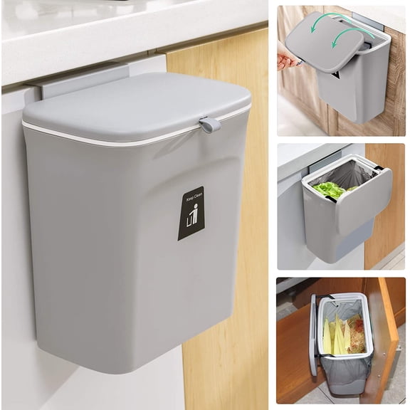 Chainplus 2.4 Gallon Kitchen Compost Bin for Counter Top or Under Sink, Hanging Small Trash Can with Lid for Cupboard/Bathroom/Bedroom/Office/Camping, Mountable Indoor Compost Bucket, Gray