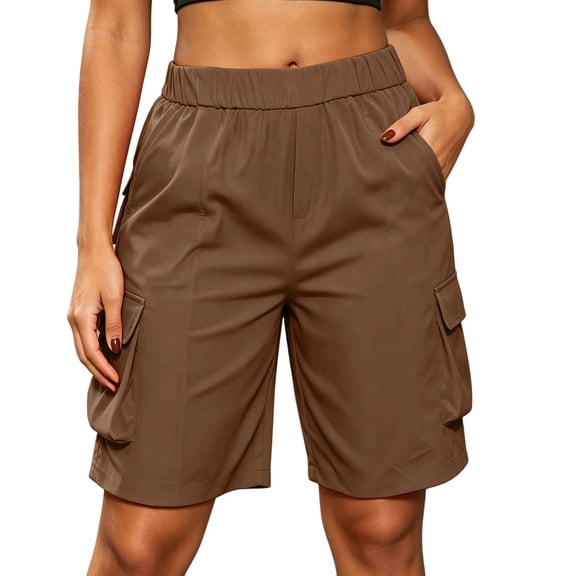 Fnooota Womens Cargo Bermuda Shorts, Elastic Waist Relaxed Fit Above the Knee Summer Hiking Shorts with Pockets Khaki Size S-2XL
