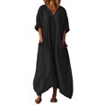 thumbnail image 2 of Vhkiploz Summer Maxi A-Line Linen Dress for Women's V-Neck 3/4 Sleeve T-Shirt Dress Solid Color Beachwear Tunic Dress with Pockets, S-2XL, 2 of 8