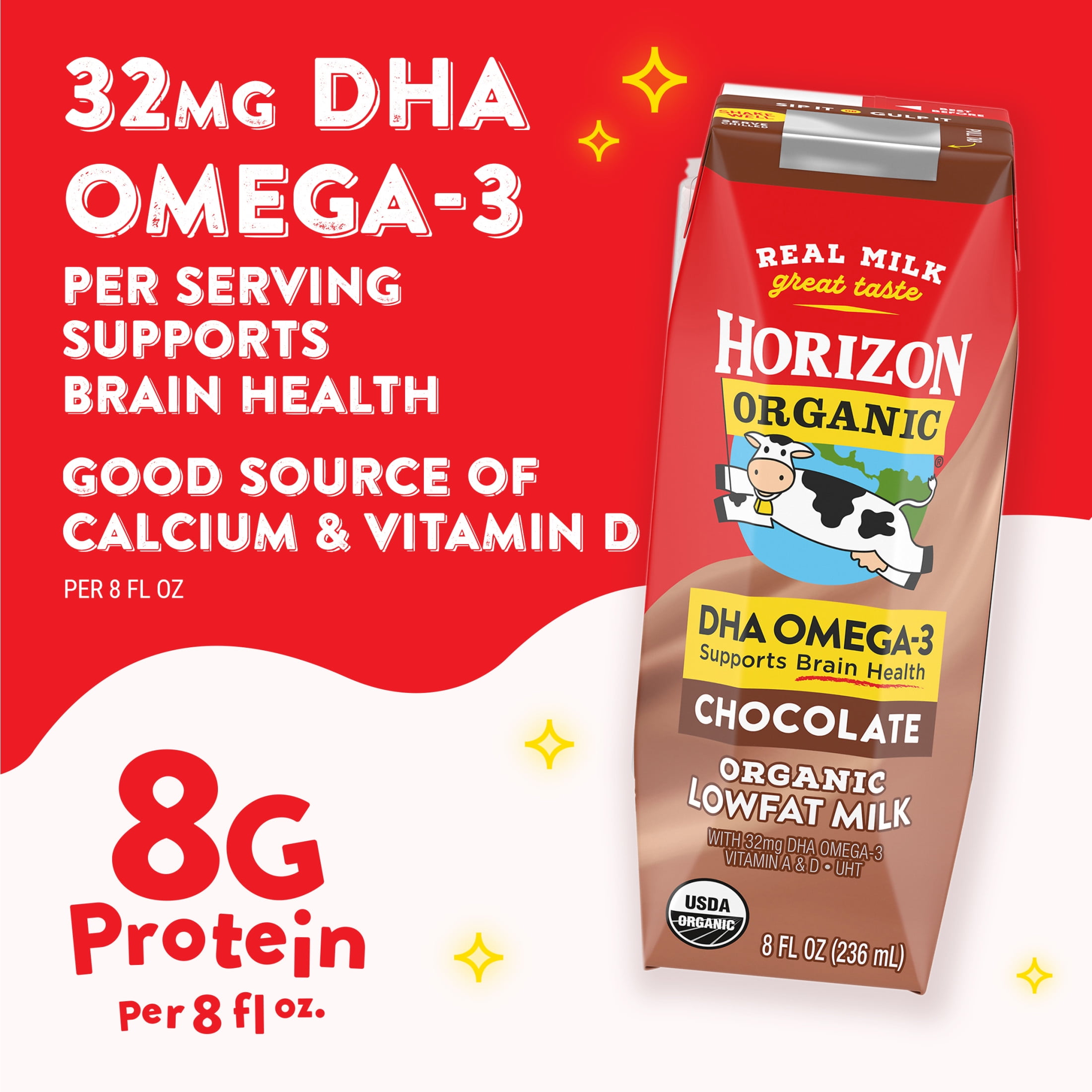 Horizon Organic Shelf Stable 1% Lowfat DHA Omega-3 Chocolate Milk Boxes, 8 fl oz, 6 Count