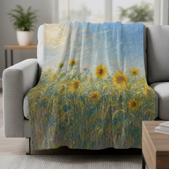 Fleece Blanket Rustic Sunflower Field Blankets,Soft Cozy Warm Flannel Throw Blanket,Countryside Floral Landscape Blanket for Bed Couch Sofa 30x40in