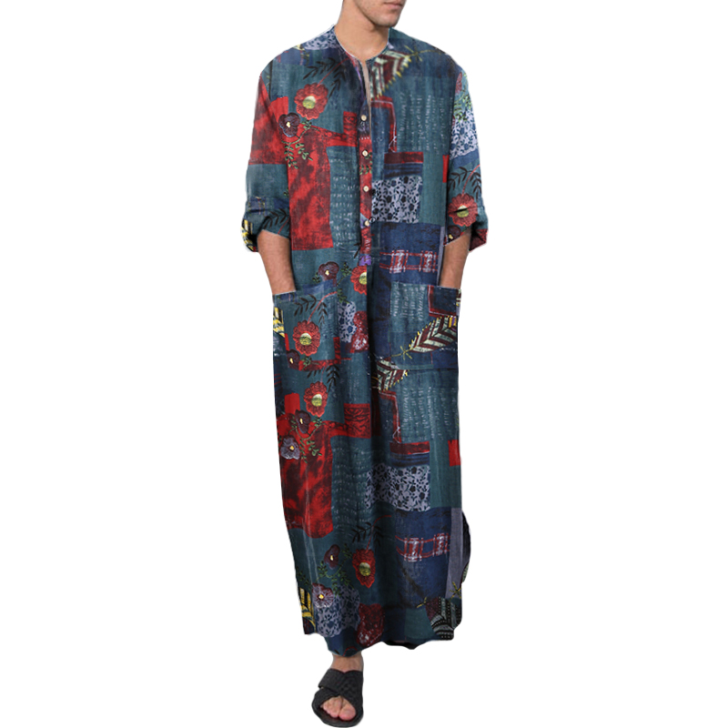 INCERUN Men's Long Sleeve Cotton Kaftan Floral Loose Caftan Formal
