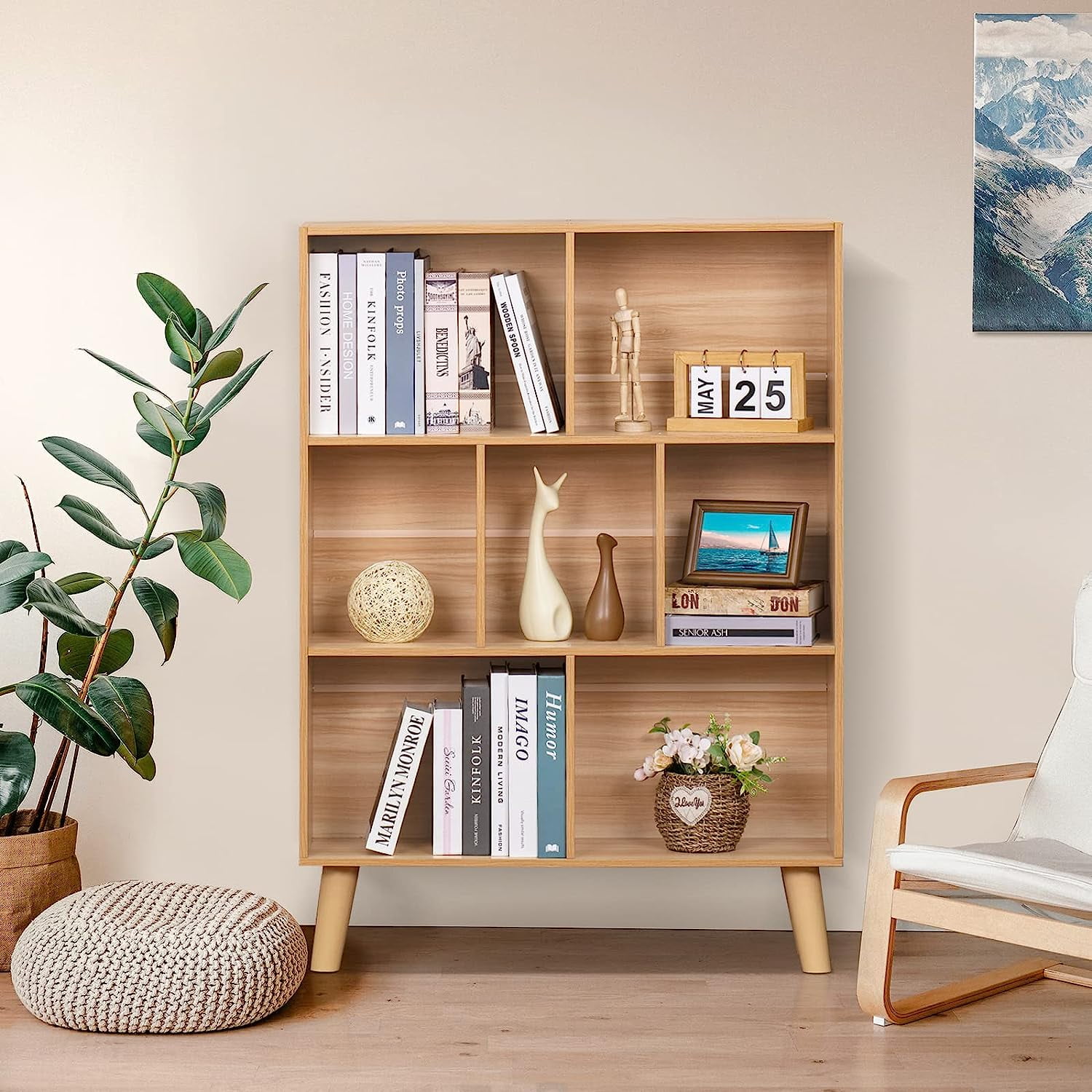 Cube Bookshelf 3 Tier Mid-Century Rustic  Modern Bookcase with Legs,Retro Wood Bookshelves Storage Organizer Shelf,Freestanding Open Book Shelves for Bedroom,Living Room,Office