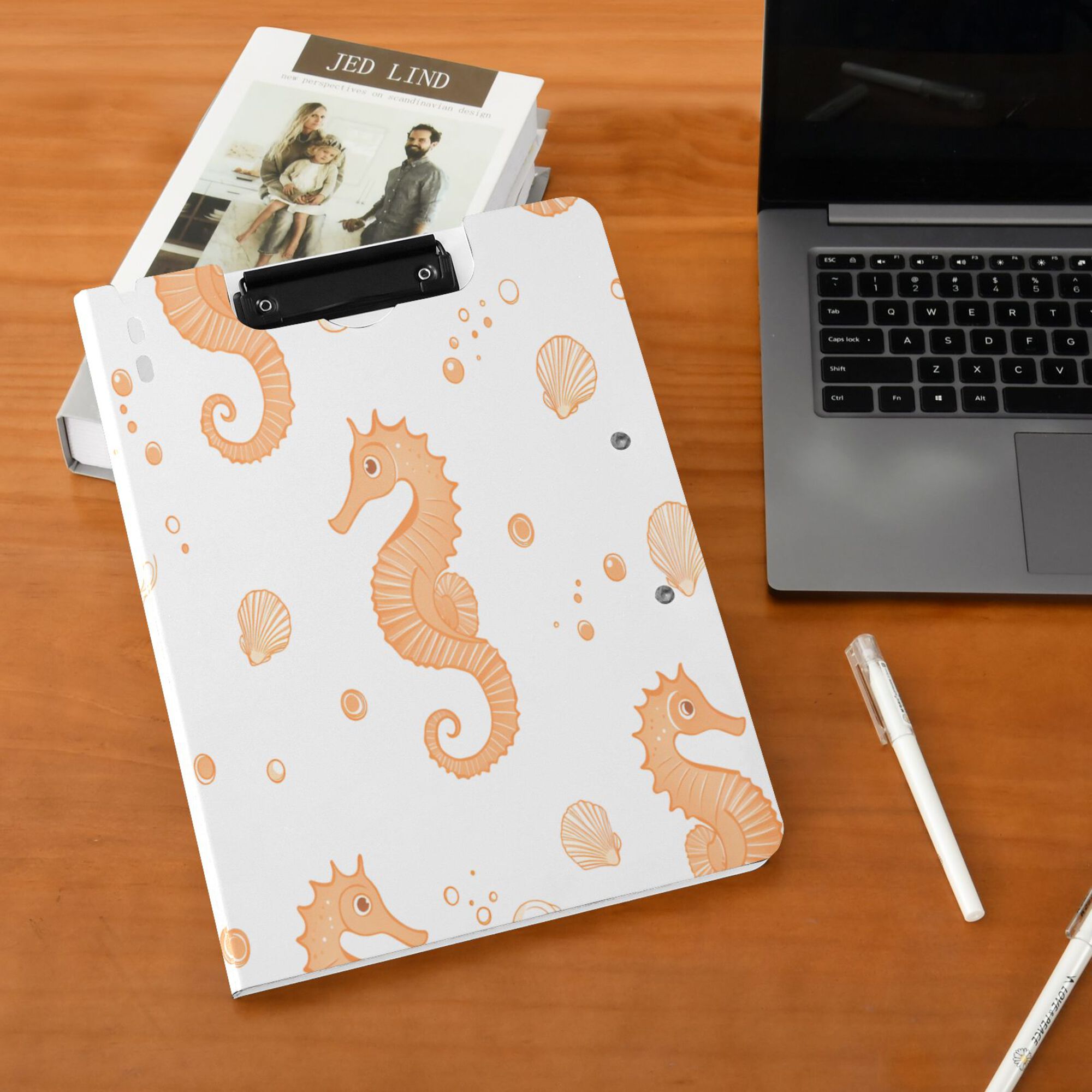 FORMRS A4 Clipboard Folder with Pen Holder Horizontal Foldable School Office Binder, White Seahorse