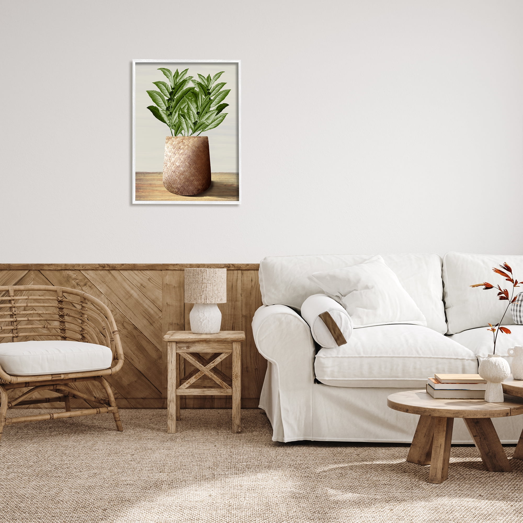 Stupell Industries Greenery in Woven Planter Botanical & Floral Painting White Framed Art Print Wall Art, 24 x 30