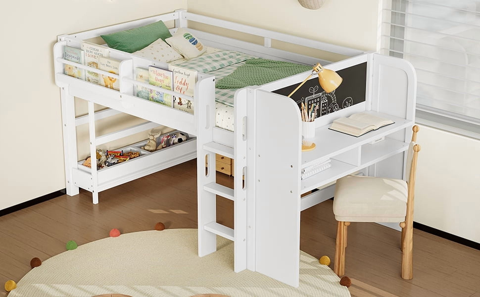 Mintazer Twin Low Loft Bed with Desk & Blackboard, Kids Loft Bed with Storage Drawers, No Spring Box Needed, White