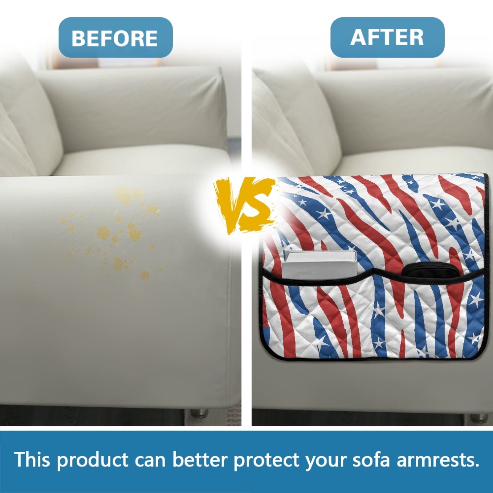TSOVTHRID Blue Red Stripe Star Print Couch Arm Rest Cover Anti-Slip Furniture Protectors for Pet Cat Dog, Stain Resistant Arm Covers for Sofa with 2 Pockets Modern Home Decor