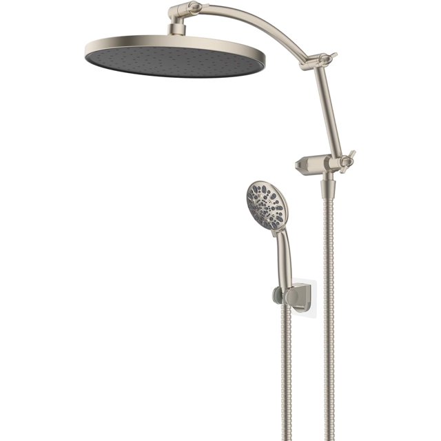 Hibbent Self-Cleaning Shower Head, 10'' High Pressure Rain Shower Head, Showerhead Combo/Handheld Shower Head, 16'' Adjustable Arc Shower Extension Arm, 71'' Hose, Showerhead Holder, Brushed Nickel