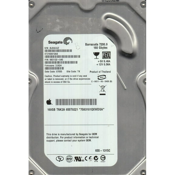 ST3160812AS, 4LS, TK, PN 9BD132-045, FW 3.BQH, Seagate 160GB SATA 3.5 Hard Drive
