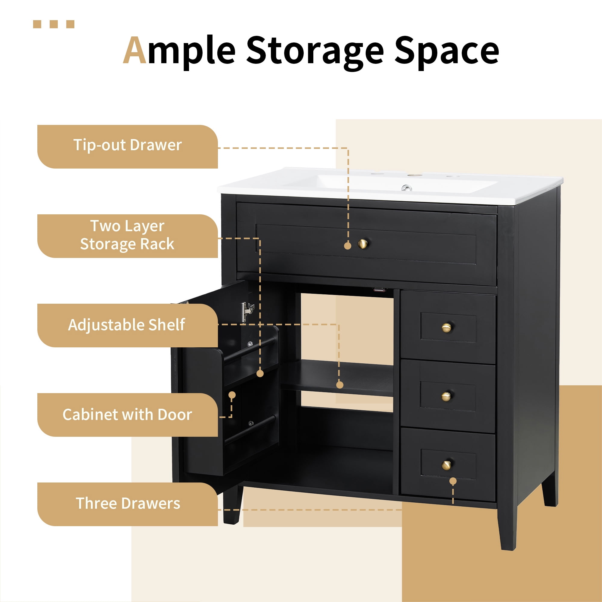 Anpport 30" Freestanding Bathroom Vanity with Sink, Modern MDF & Rubberwood Cabinet, 3 Drawers, Adjustable Shelf & Left‑Side Door, Black