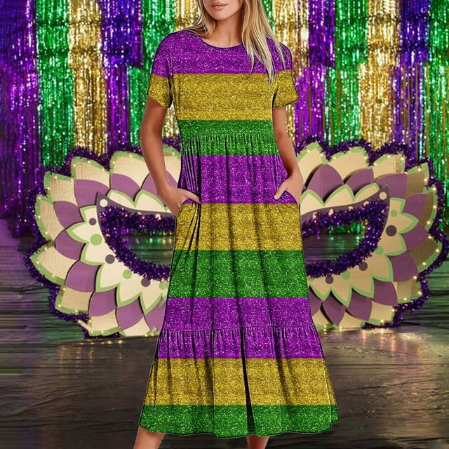 LOVZFMLL Robe de Carnaval Imprimée Mardi Gras pour Femmes Manches Courtes Col Rond Décontractée Fluide à Étages Robe de Plage avec Poches Violet 2TG