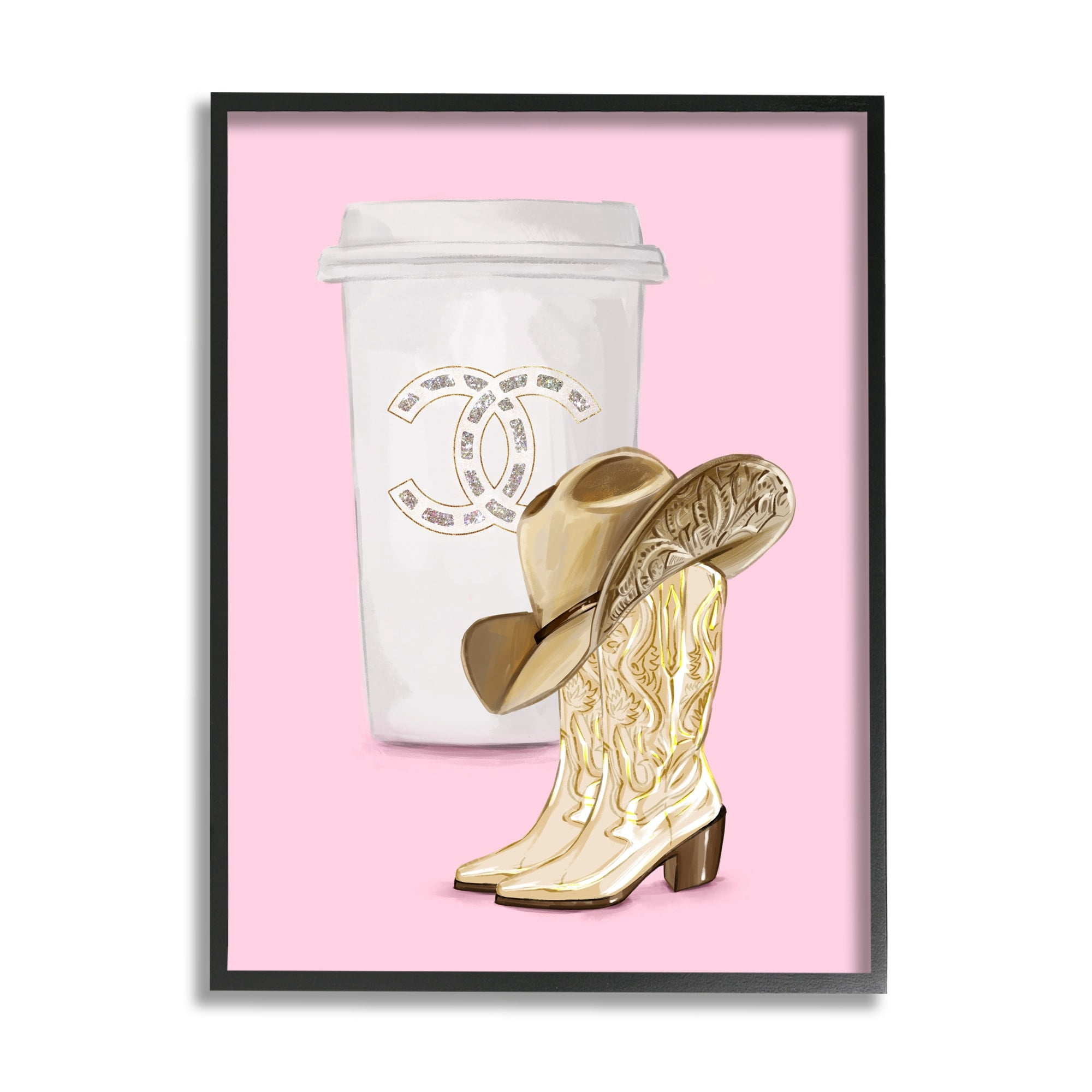 Stupell Industries Pink Glam Cowgirl Boots & Coffee Beauty & Fashion Painting White Framed Art Print Wall Art