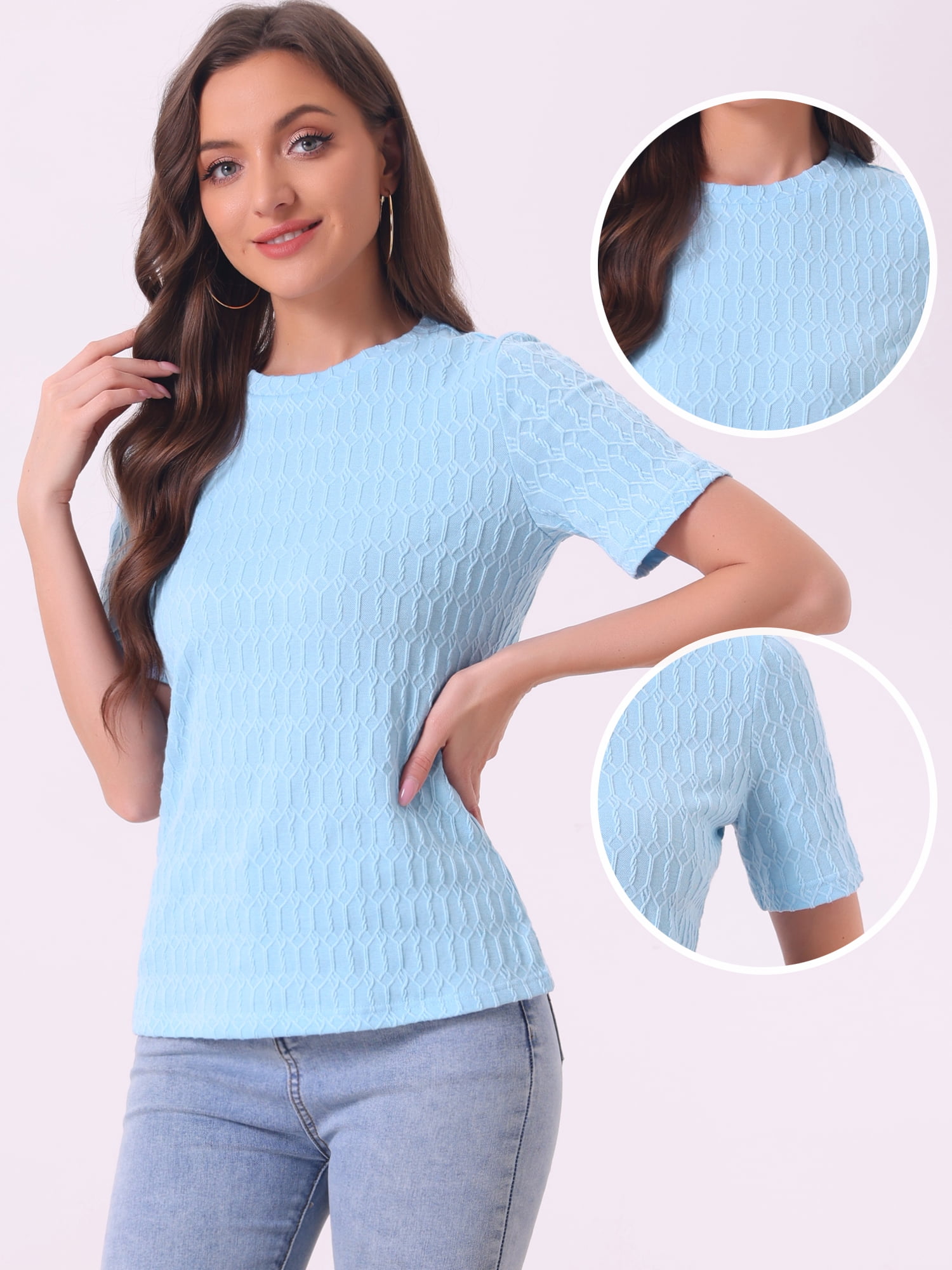 DARING DIVA Women's Casual Summer T-Shirt Round Neck Basic Textured Top L Light Blue