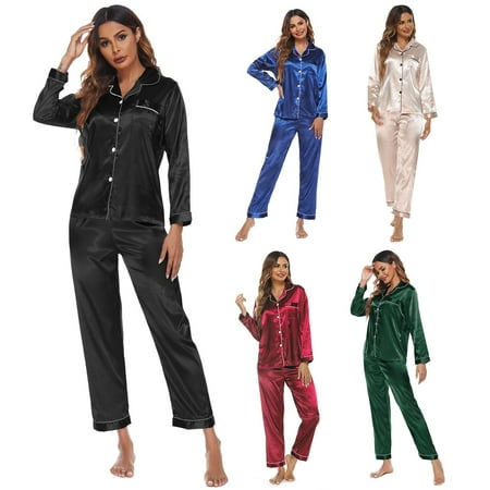 

MEGAWHEELS Women s Pajamas Silk Women s Pajamas Set Long Sleeve Soft Sleepwear Casual Lounge-wear Button Down Pajamas Set S-XXL