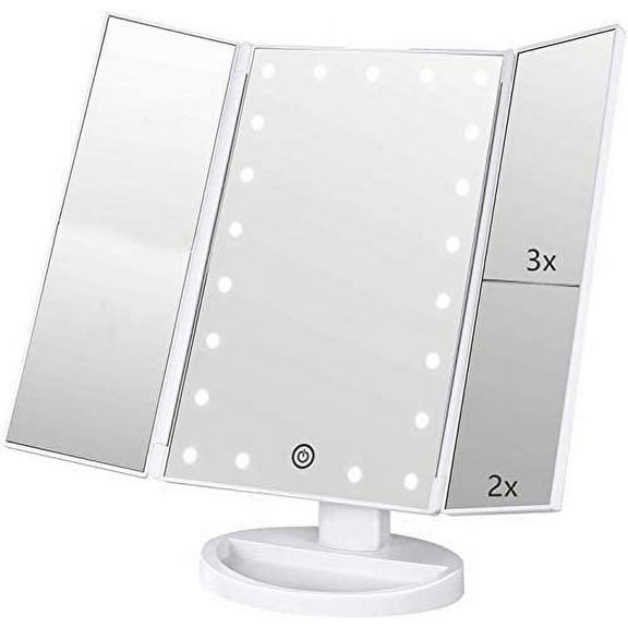 Tri-fold Lighted Vanity Makeup Mirror with 3x/2x Magnification,21 LEDs Light and Touch Screen,180 Degree Free Rotation Countertop Cosmetic Mirror,Travel (White)