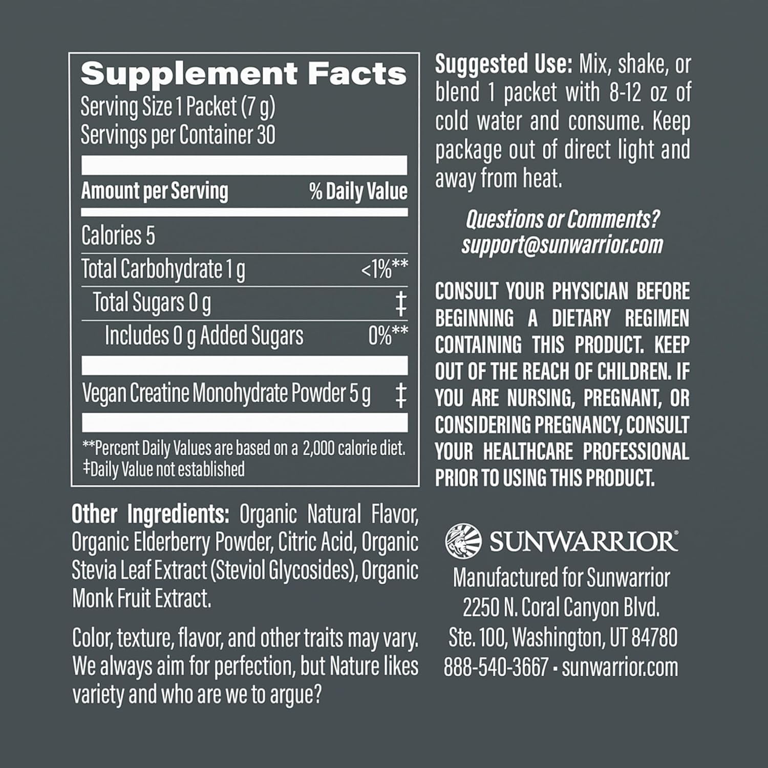 Sunwarrior Micronized Creatine Monohydrate Powder, Vegan Pre Workout Supplement, Lemonade, 30 Servings
