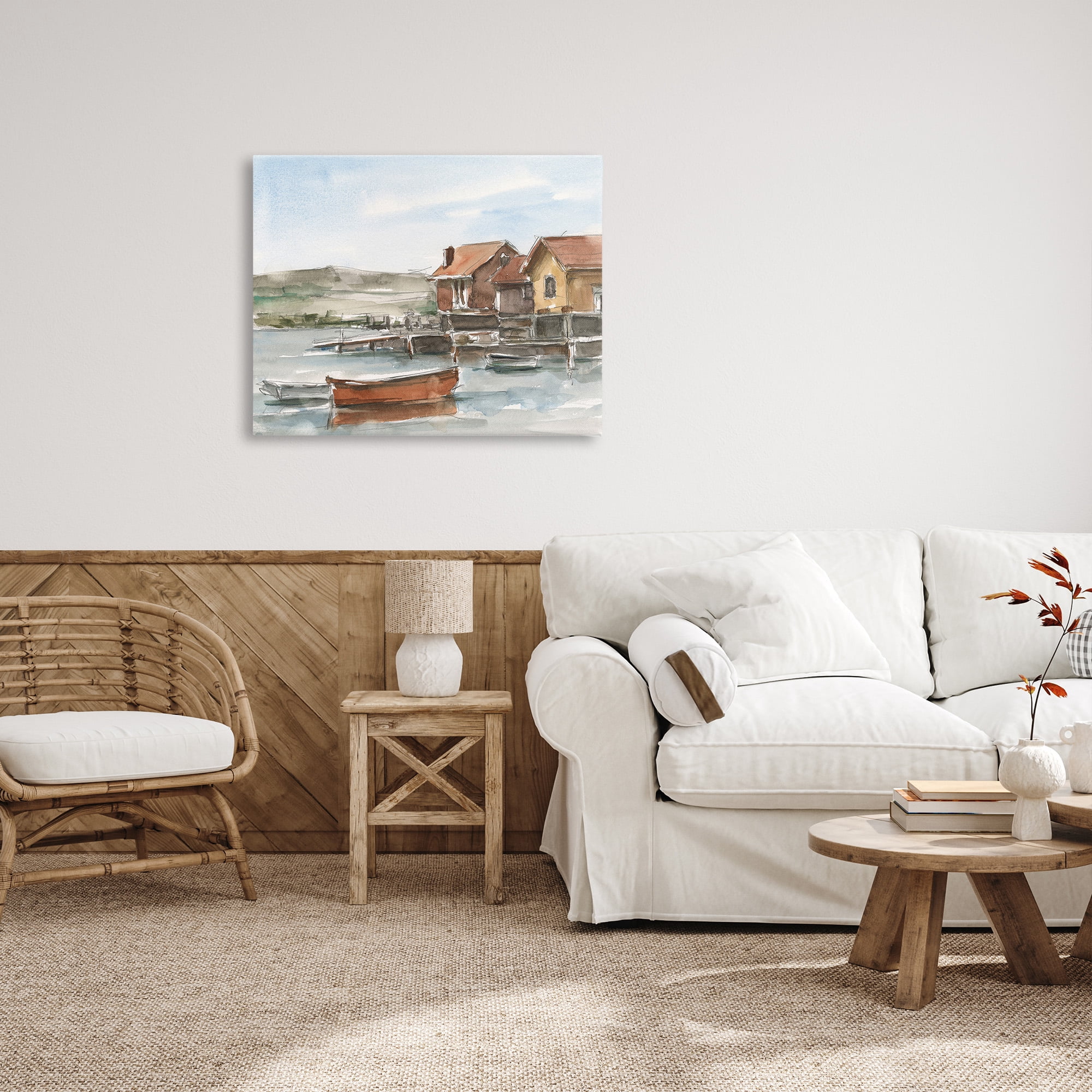 Stupell Industries Lake House Boats Landscape Painting Gallery Wrapped Canvas Art Print Wall Art, 40 x 30
