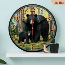 2D Flat 1pc 10Inch Wooden Vintage Black Bear And Themed Wooden Round Wall Clock, Farmhouse Style Home Decor, Suitable for Kitchen, Bedroom, Office, Silent Operation, Battery Not Included