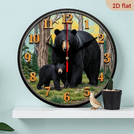 2D Flat 1pc 10Inch Wooden Vintage Black Bear And Themed Wooden Round Wall Clock, Farmhouse Style Home Decor, Suitable for Kitchen, Bedroom, Office, Silent Operation, Battery Not Included