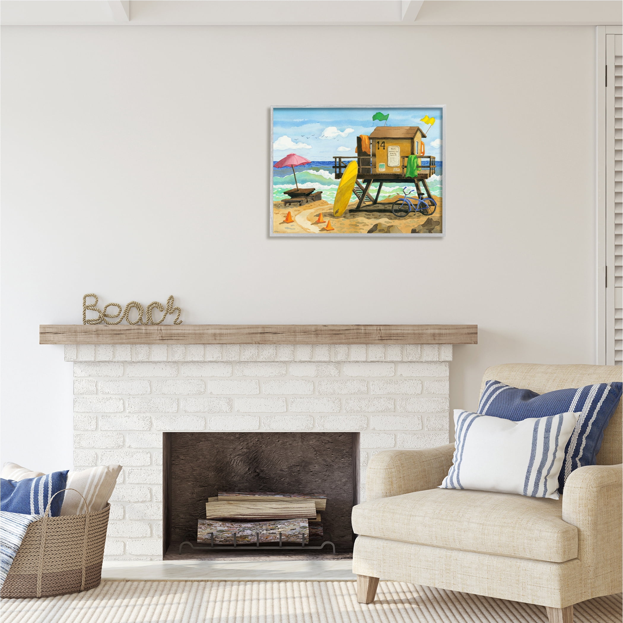 Stupell Industries Lifeguard Hut on Beach Nature Painting Gray Framed Art Print Wall Art, 30 x 24