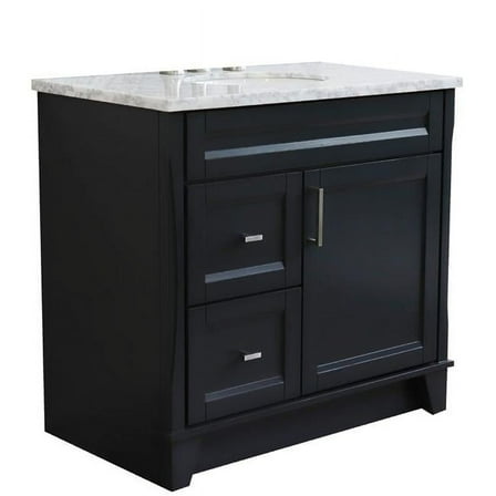 37 in. Single Sink Vanity with Carrara Marble Top, Dark Gray & White - Center Oval Sink & Right Drawers