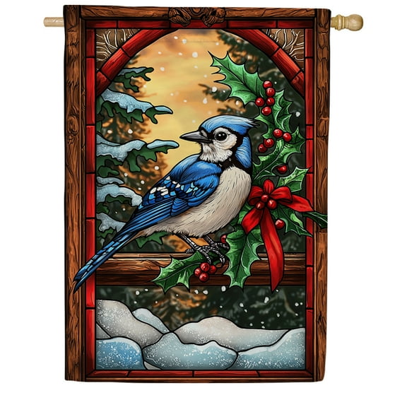 America Forever Blue Jay Winter House Flag, 28 x 40 inch Double Sided, Christmas Holly Berry Banner, Window View Bird Outdoor Decor, Holiday Outside Decorations Yard Flag