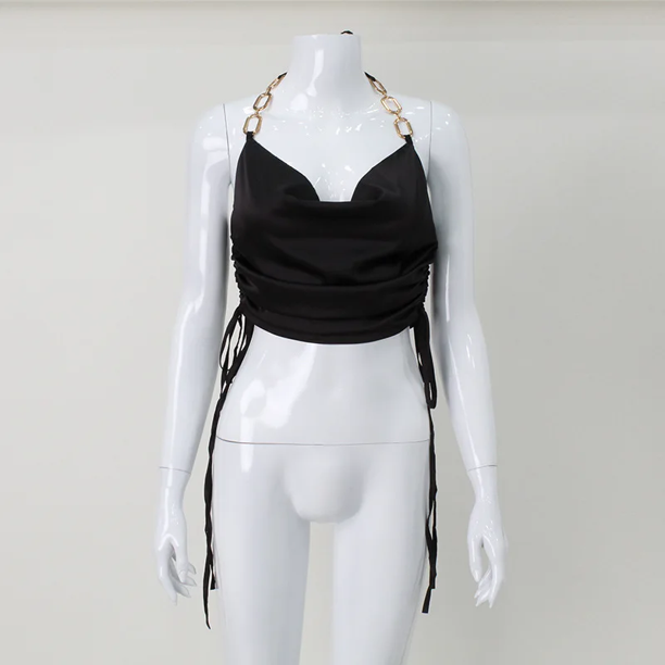 Camiseta de mujer de moda europea americana de comercio exterior suave y sedosa con cadena transpirable, cuello halter, cordón ajustable y pecho bajo descubierto