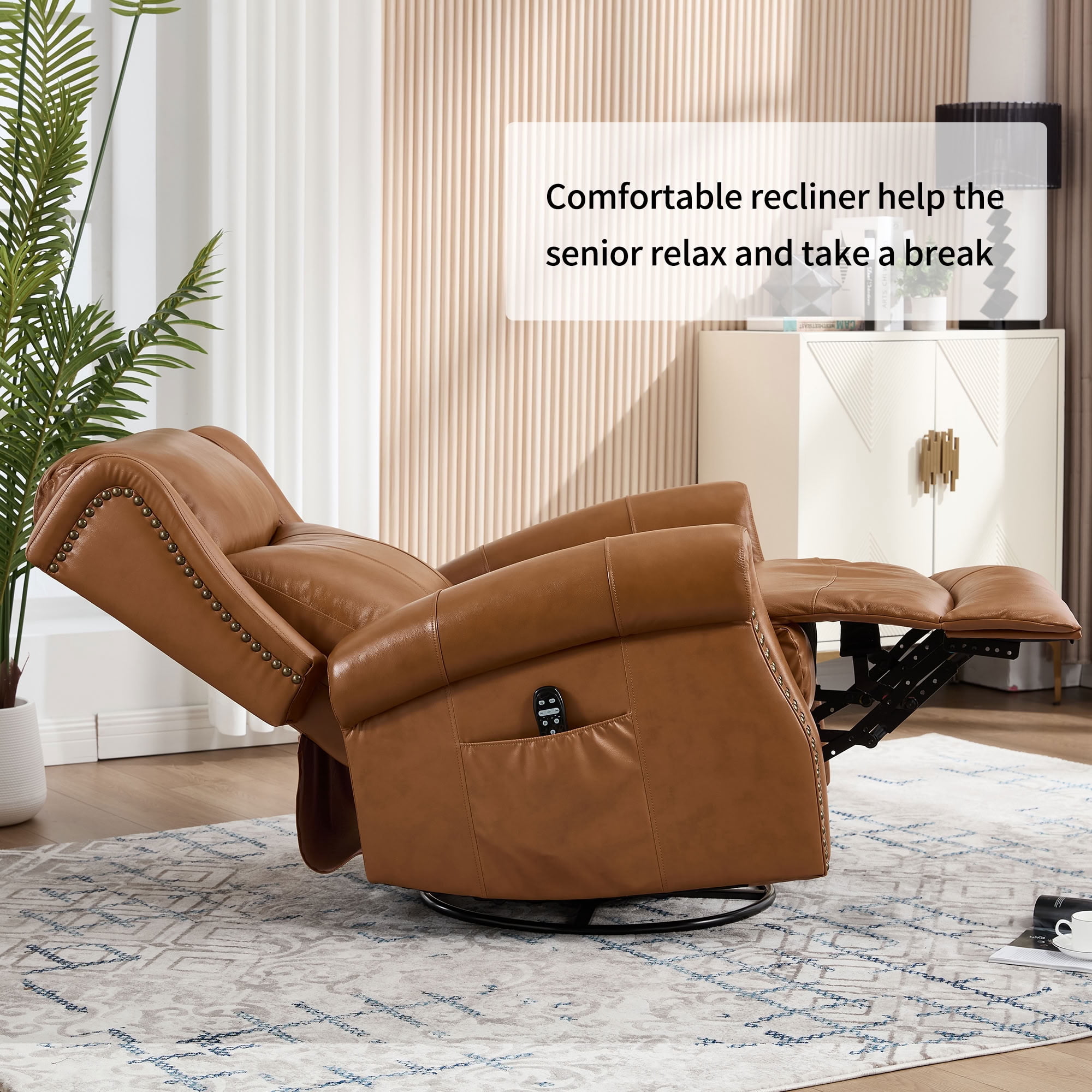 MAYEERTY 360 Degree Swivel Rocker Recliner Chair, Genuine Leather Manual Recline Glider Armchair with 8-Point Vibration Massage & Lumbar Heat, for Living Room Home Theater