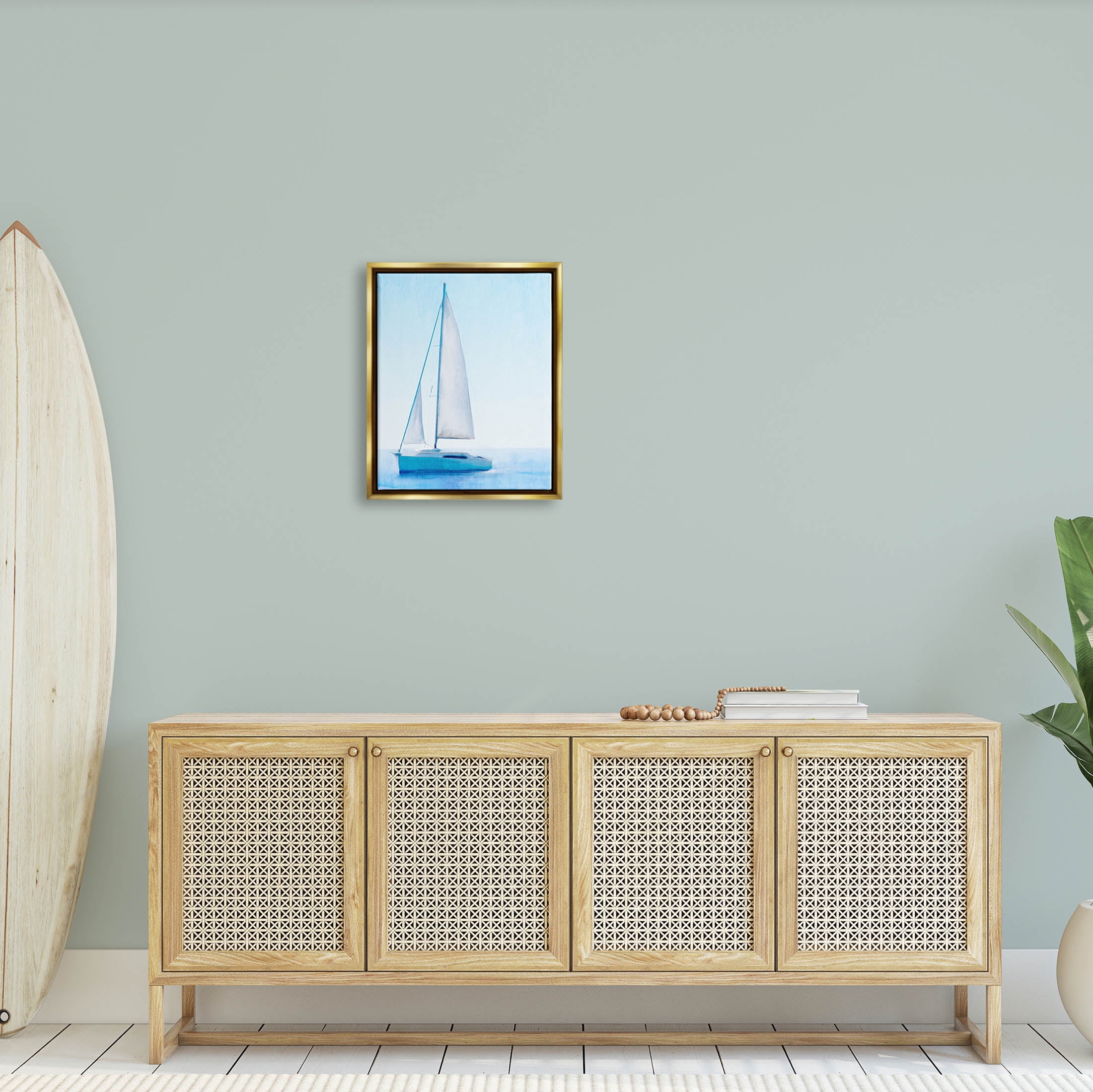 Stupell Industries Sailboat Drifting Blue Ocean Sky Graphic Art Metallic Gold Floating Framed Canvas Print Wall Art, Design by Kim Allen