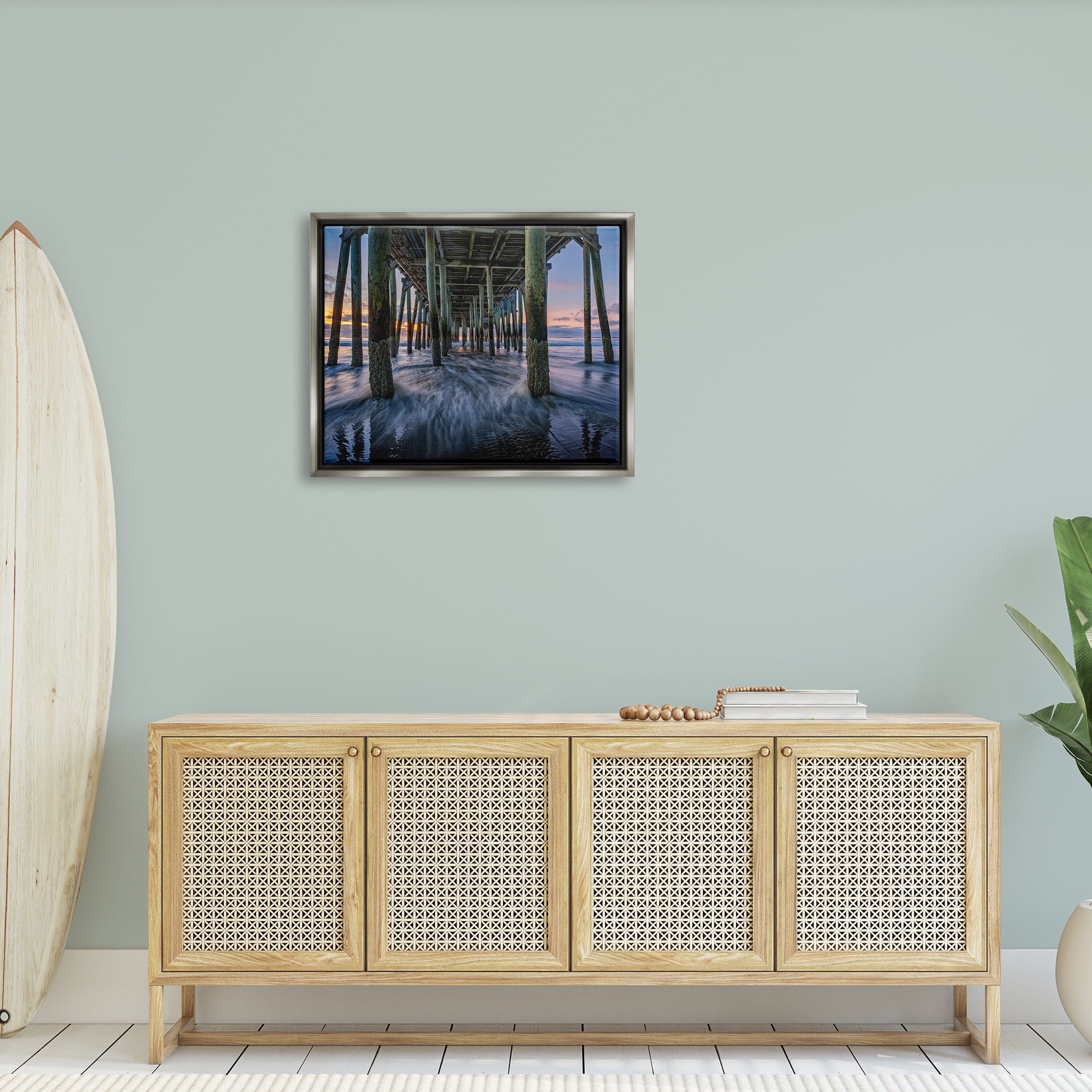 Stupell Under Pier Beach Waves Photography Landscape Photography Gray Floater Framed Art Print Wall Art