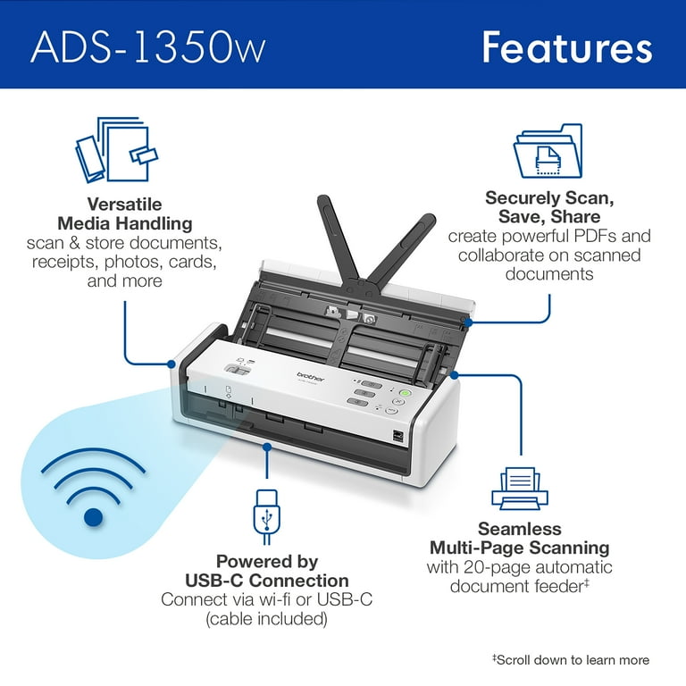 Brother, Wireless Color Compact Scanner, ADS-1350W, 30ppm