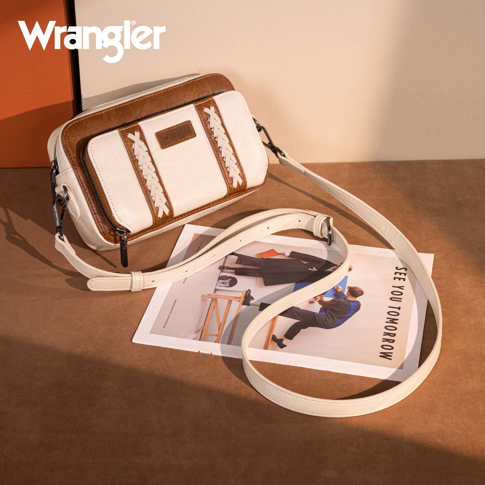 Wrangler Crossbody Bag for Women Vegan Leather Western Shoulder Purse Small Multi Pocket Crossbody Wallet Purse Crossover Bags with Adjustable Strap, Begie