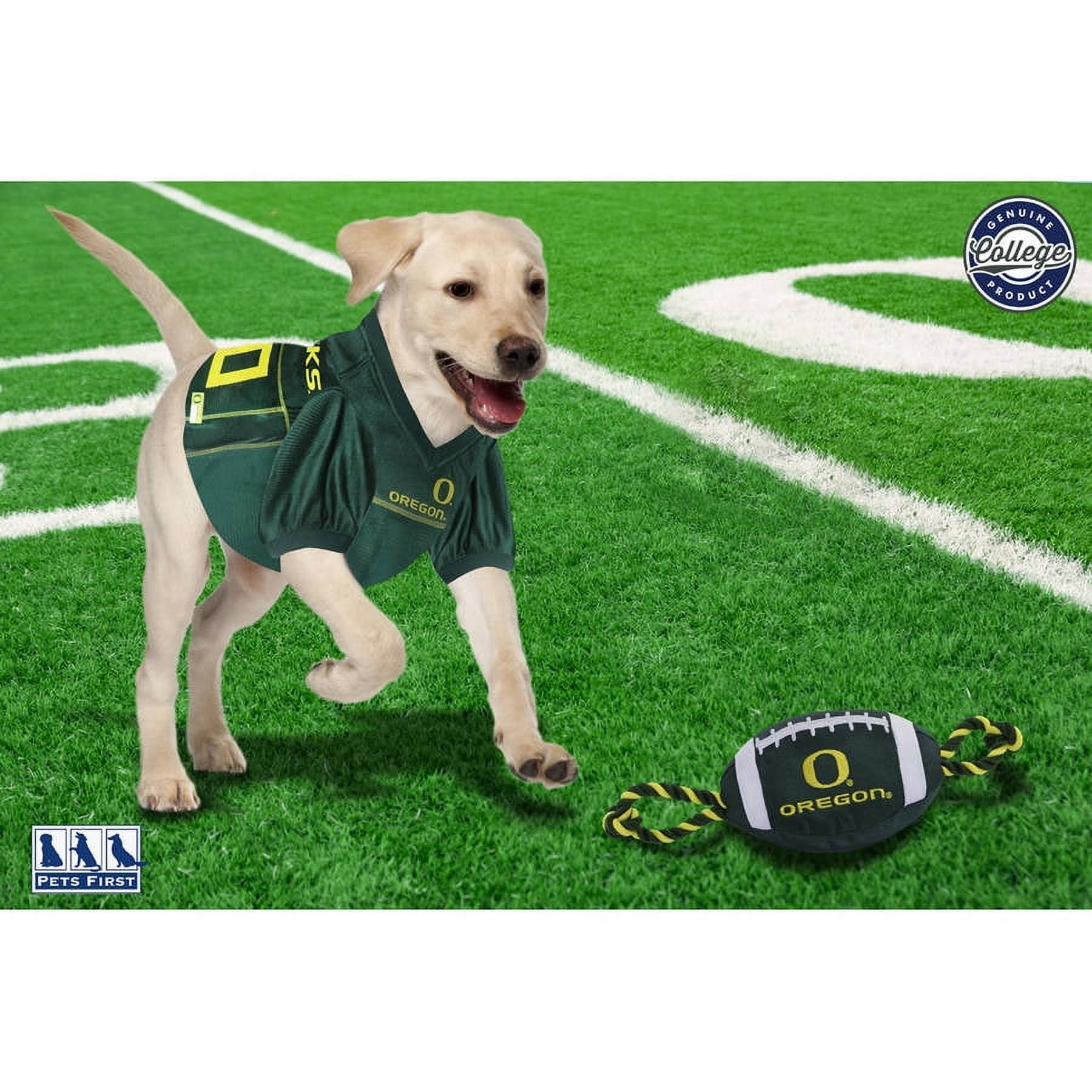 Pets First NCAA Oregon Ducks Strong, Durable, Chewable Football Dog Toy with Inner Squeaker and Side Ropes, Officialy Licensed