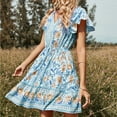 thumbnail image 3 of hirigin Summer Short Sleeve Dresses for Women, Floral Printed Waist Tie Up V Neck Loose Fit Street Style Dress, Casual Simple One-Piece Clothes, 3 of 5