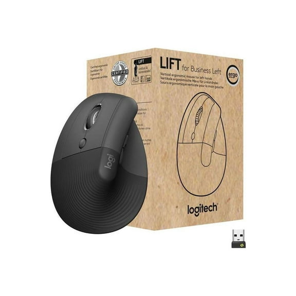 Logitech Lift for Business Left, Vertical Ergonomic Mouse - Left-handed, Wireless, Bluetooth or Secured Logi Bolt USB, Quiet clicks, Graphite - Optical - Wireless - Bluetooth/Radio Frequency - Grap...