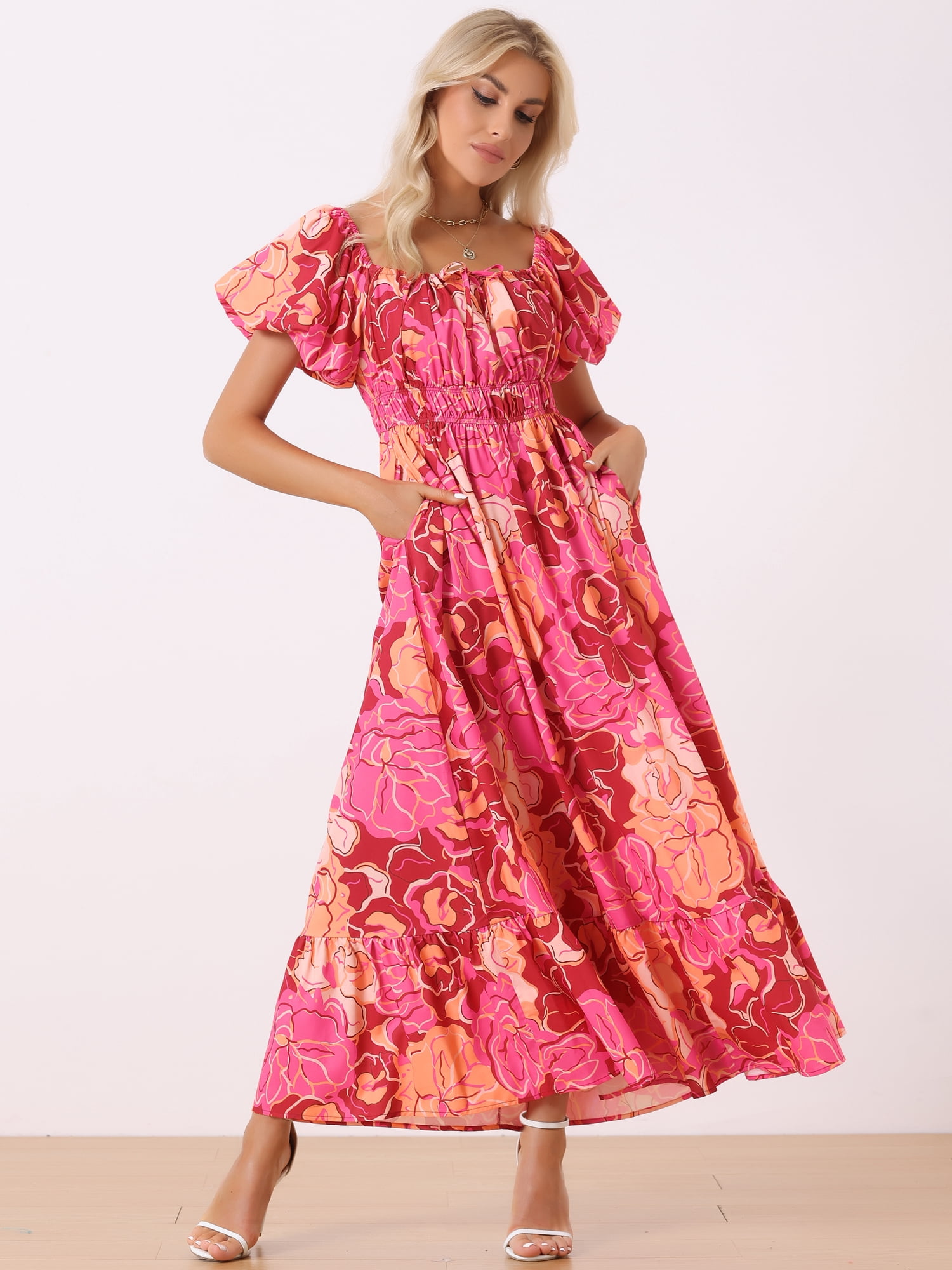 DARING DIVA Women Floral Sweetheart Neck Puff Short Sleeves Boho Maxi Dress XL Pink
