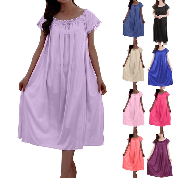 Asxite Womens Pajamas Solid Wide Neck Plus Size Midi Nightgown Summer Ice Satin Loose